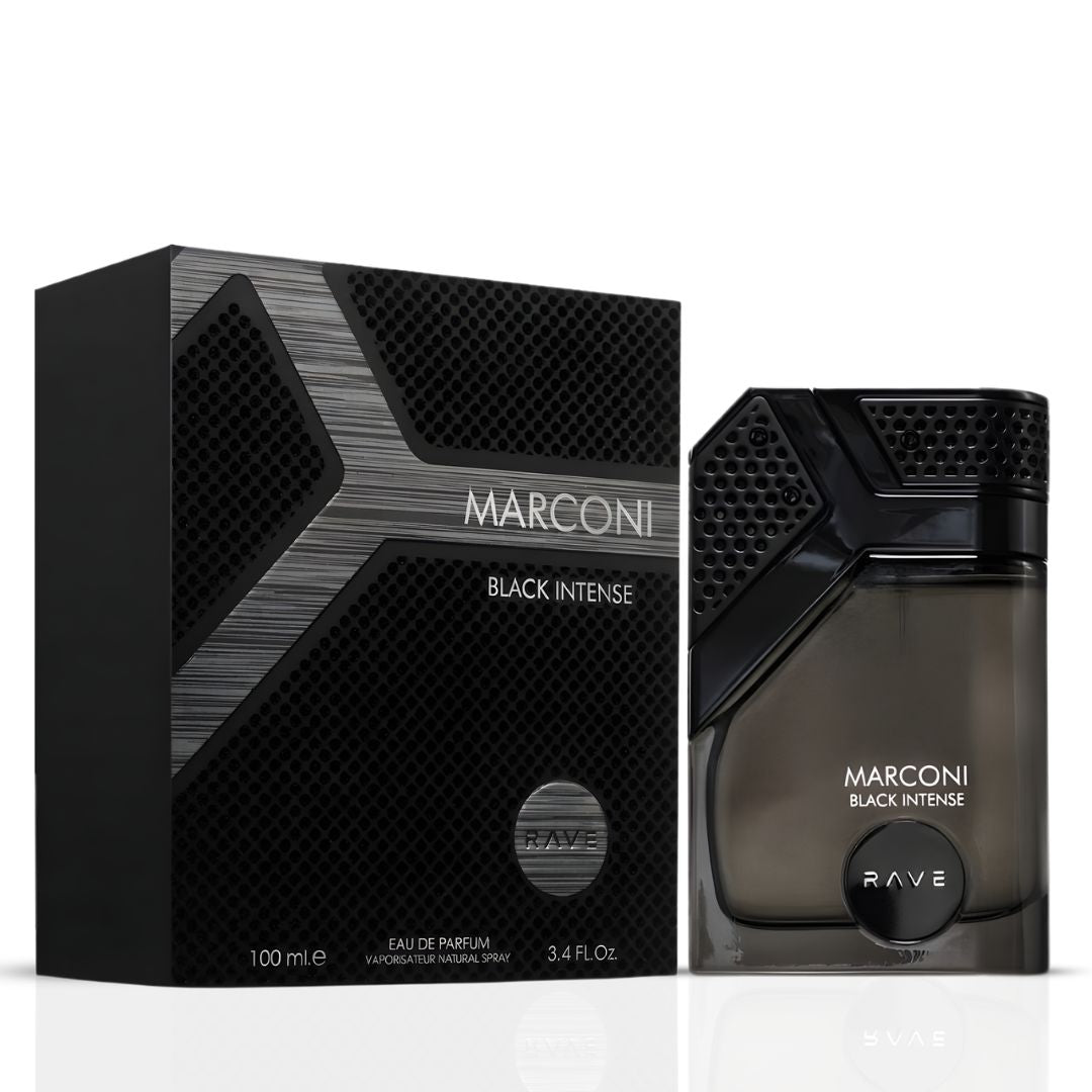RAVE Marconi Black Intense Eau de Parfum Spray 100ml bottle with sleek black packaging and elegant design.