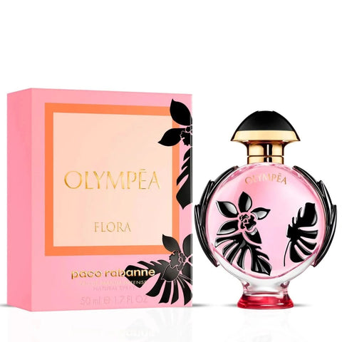 Paco Rabanne Olympea Flora Eau De Parfum Intense Spray 50ml with elegant bottle and floral design.
