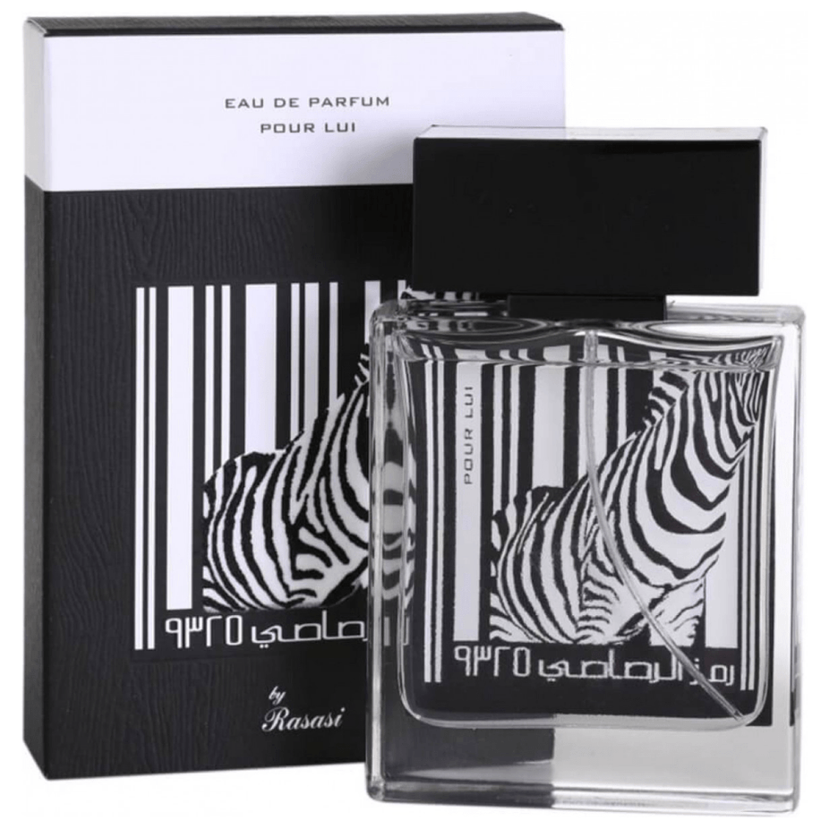 Rasasi Rumz Al Rasasi 9325 Pour Lui Eau de Parfum spray bottle, 50ml, featuring zebra-themed packaging and elegant design