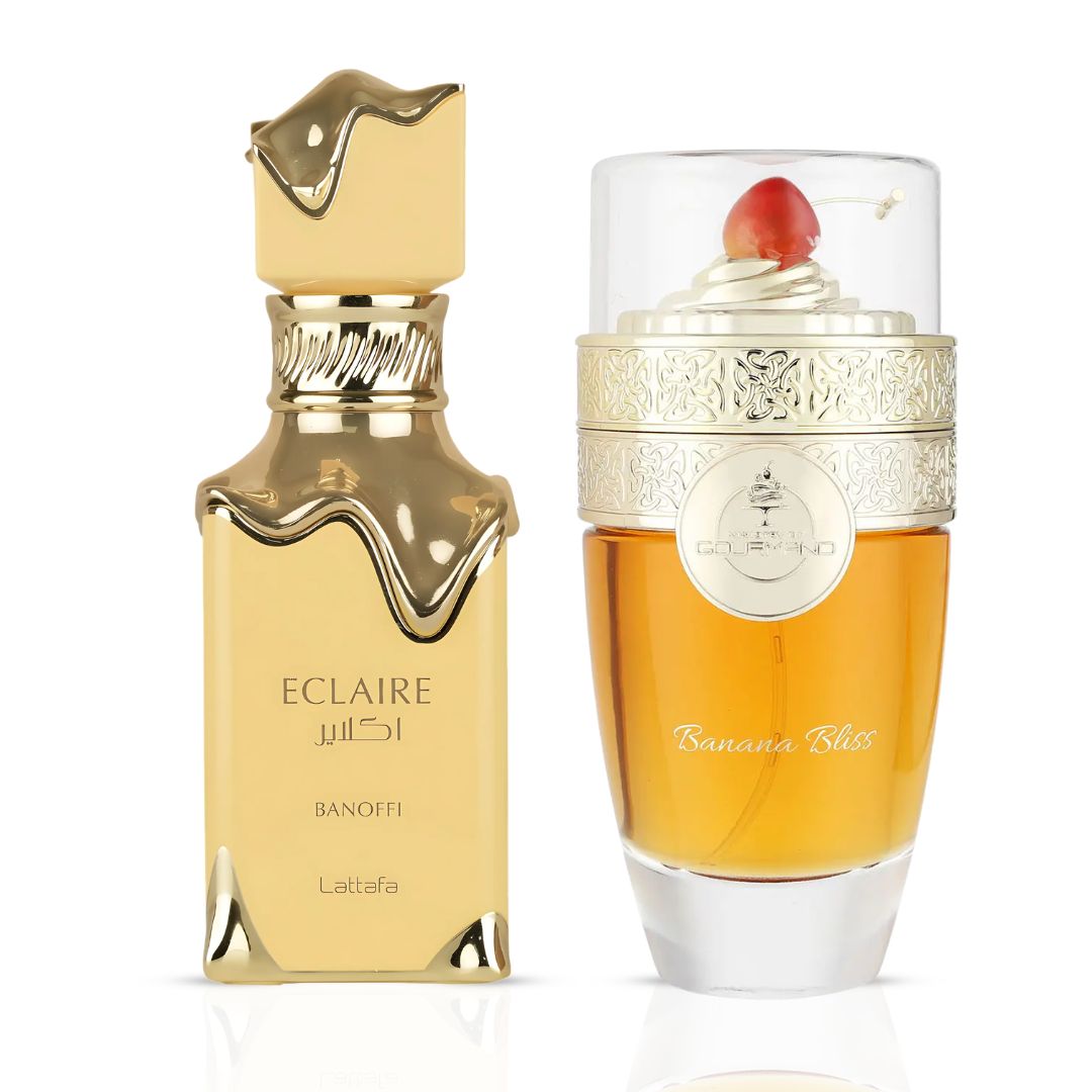 Bundle of Lattafa Eclaire Banoffi and Paris Corner Banana Bliss 100ml Eau de Parfum sprays, featuring fruity and sweet fragrance bottles.