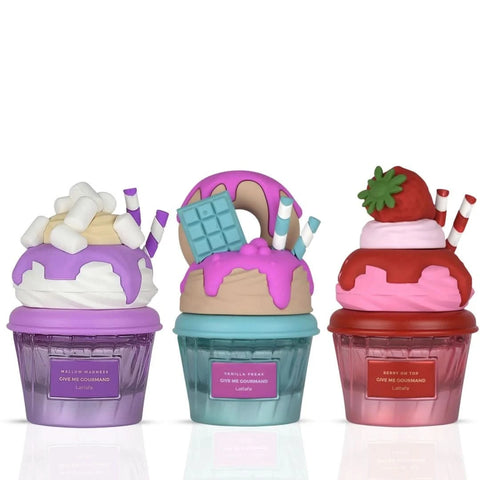 Lattafa Mallow Madness, Vanilla Freak & Berry on Top Eau de Parfum sprays bundle, 75ml each, featuring colorful bottles and elegant packaging.