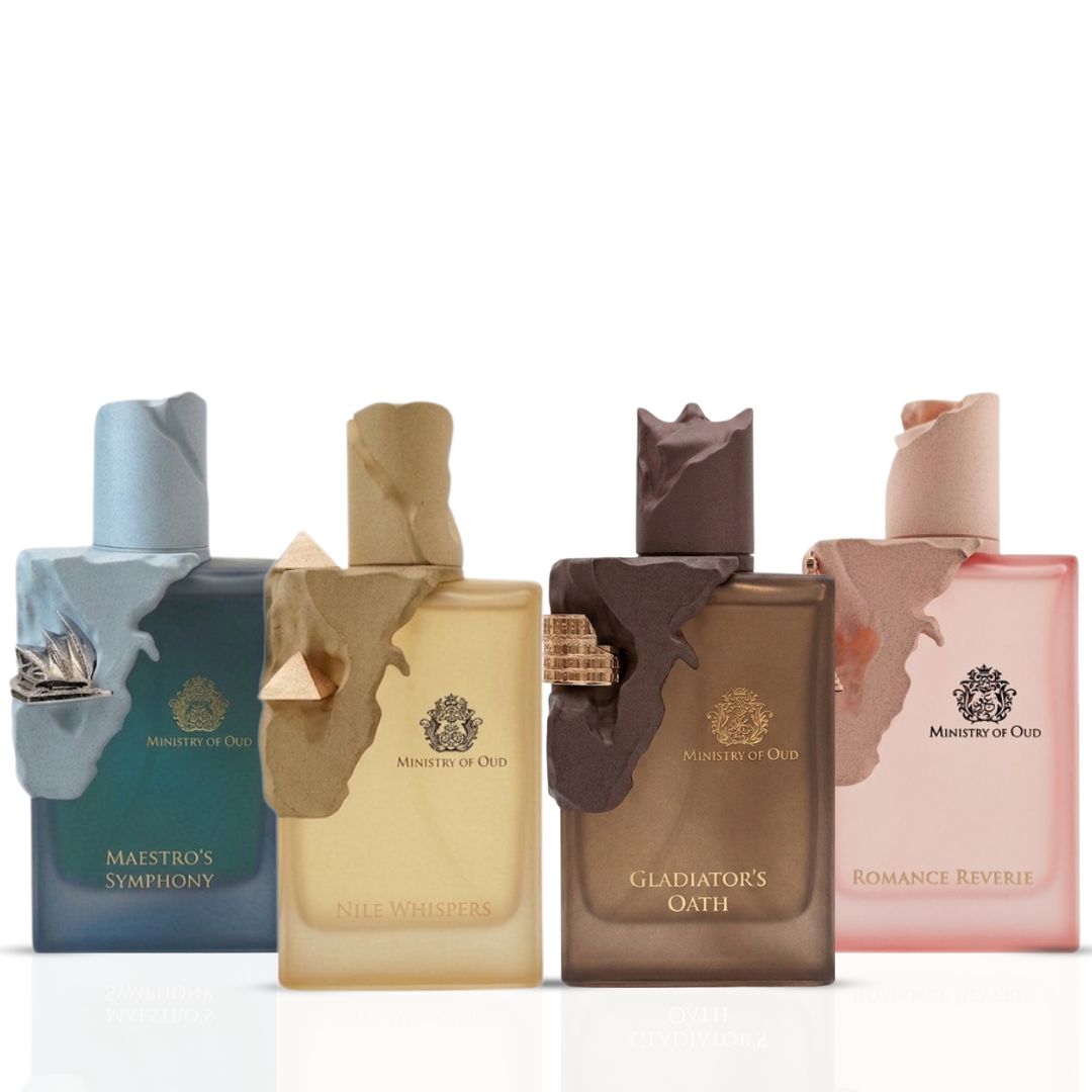 Paris Corner Ministry of Oud perfume bundle featuring Maestro's Symphony, Nile Whisper, Gladiator's Oath, and Romance Reverie 100ml sprays.
