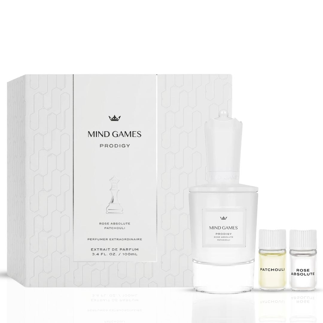Prodigy Extrait de Parfum by Mind Games, 100ml EDP bottle with sleek packaging and elegant design.