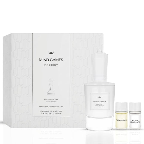 Prodigy Extrait de Parfum by Mind Games, 100ml EDP bottle with sleek packaging and elegant design.