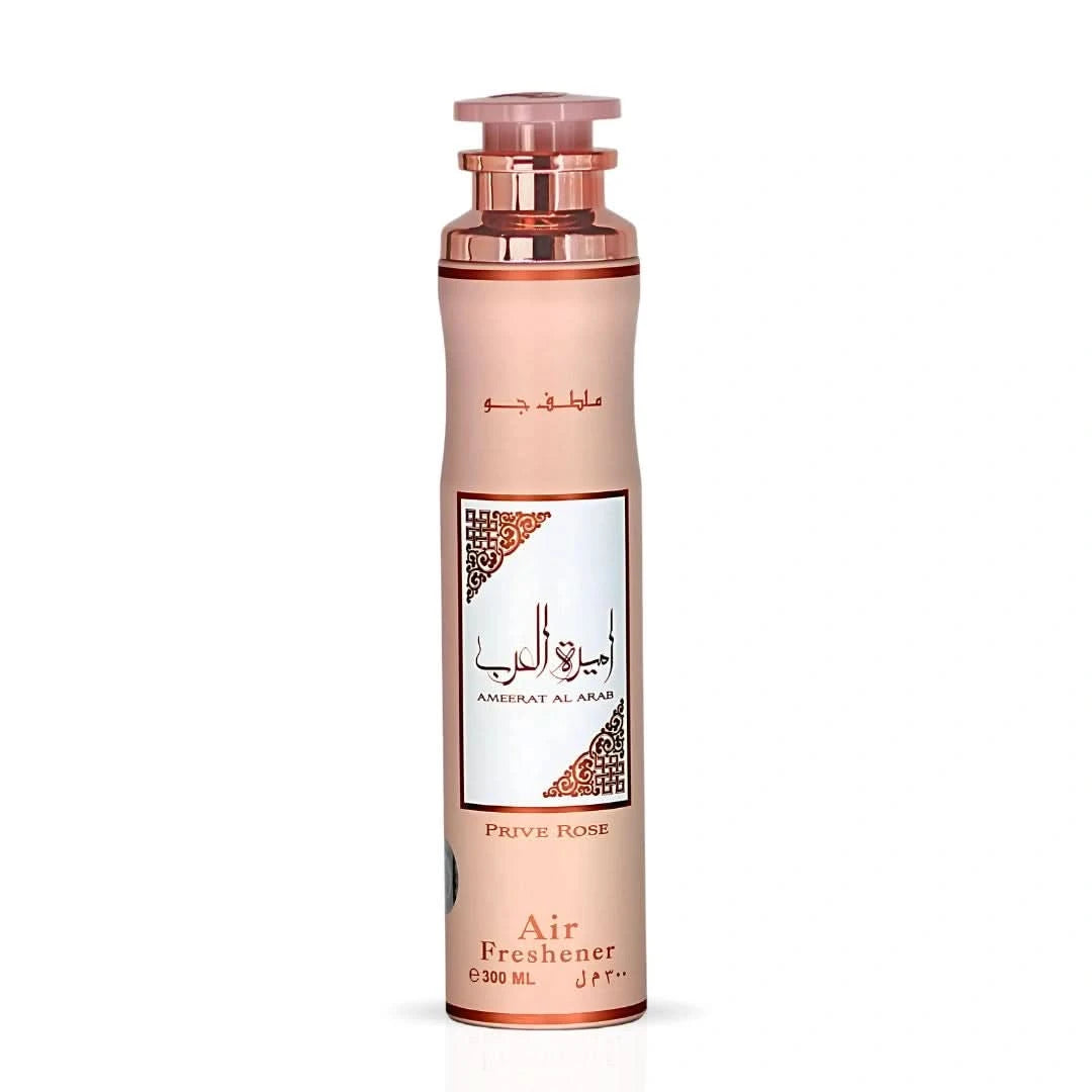 Ameerat Al Arab Prive Rose air freshener by Lattafa, 300ml bottle with pink rose design, showing the product spray nozzle and label.