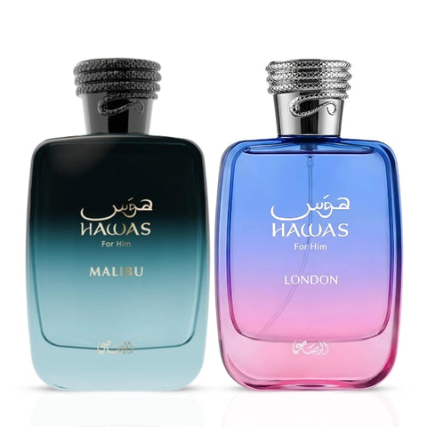 Rasasi Hawas Malibu and Hawas London Eau de Parfum sprays, 100ml bundle, featuring elegant bottles of men's fragrances.