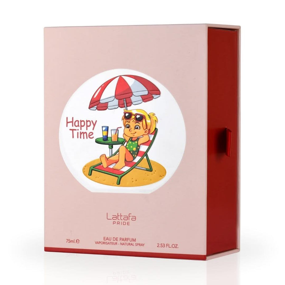Lattafa Pride Happy Time for Kids Eau de Parfum spray, 75ml, featuring colorful packaging and playful design.