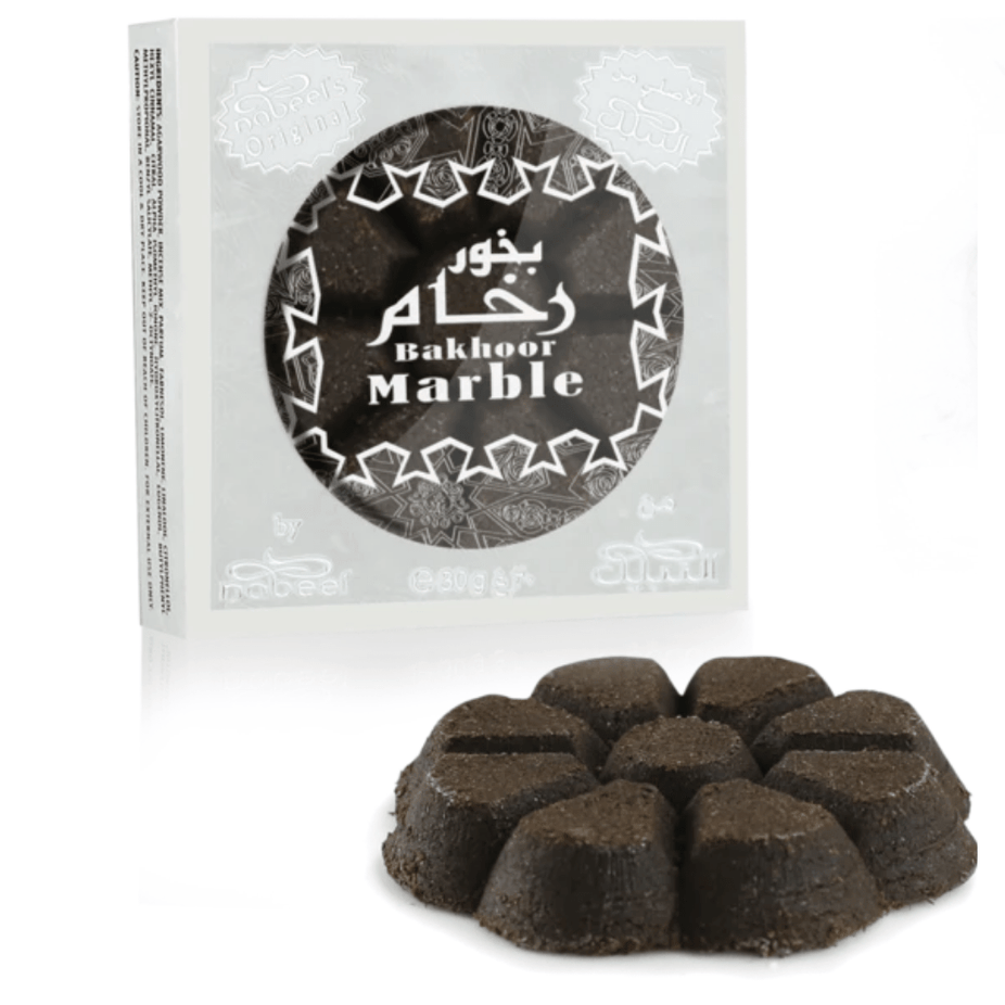 Nabeel Bakhoor Marble 30 GMS in a decorative marble container, traditional fragrant incense for home scenting.