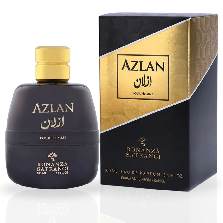 Azlan Pour Homme Eau De Parfum spray by Bonanza Satrangi, 100ml bottle with elegant packaging and branding visible.