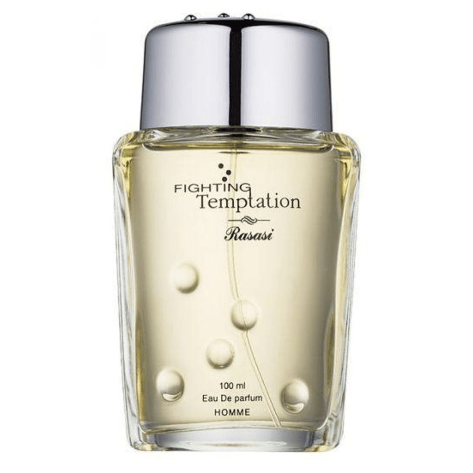 Rasasi Fighting Temptation Eau De Parfum 100ml bottle with elegant black and gold packaging, showcasing the fragrance's stylish design.