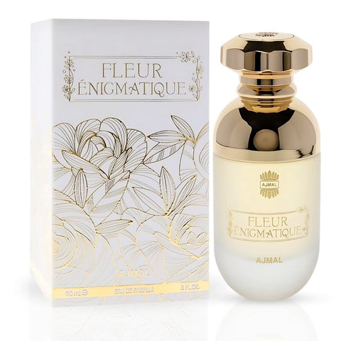 Ajmal FLEUR ÉNIGMATIQUE EDP spray 90ML bottle with luxurious floral perfume design and elegant branding.