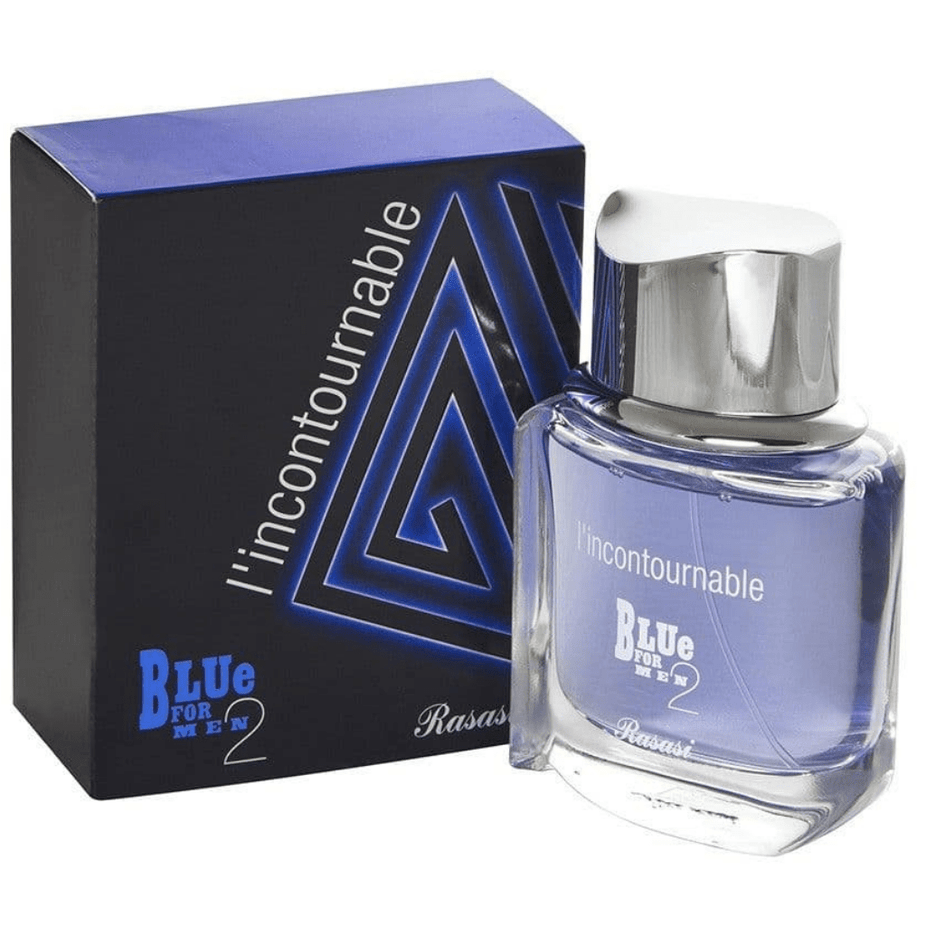 Blue for Men 2 L'Incontournable Eau De Parfum by Rasasi, 75ML bottle with sleek blue packaging and elegant design.