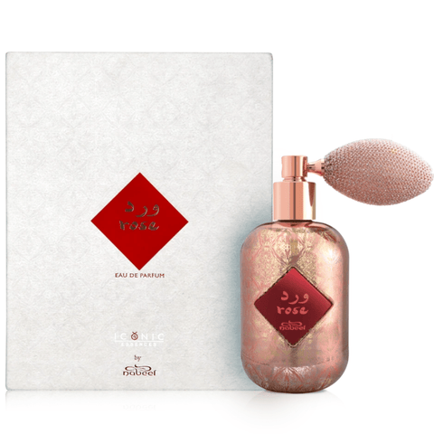 Nabeel Rose EDP Eau De Parfum 100ML bottle, elegant floral fragrance with pink rose design and gold accents.