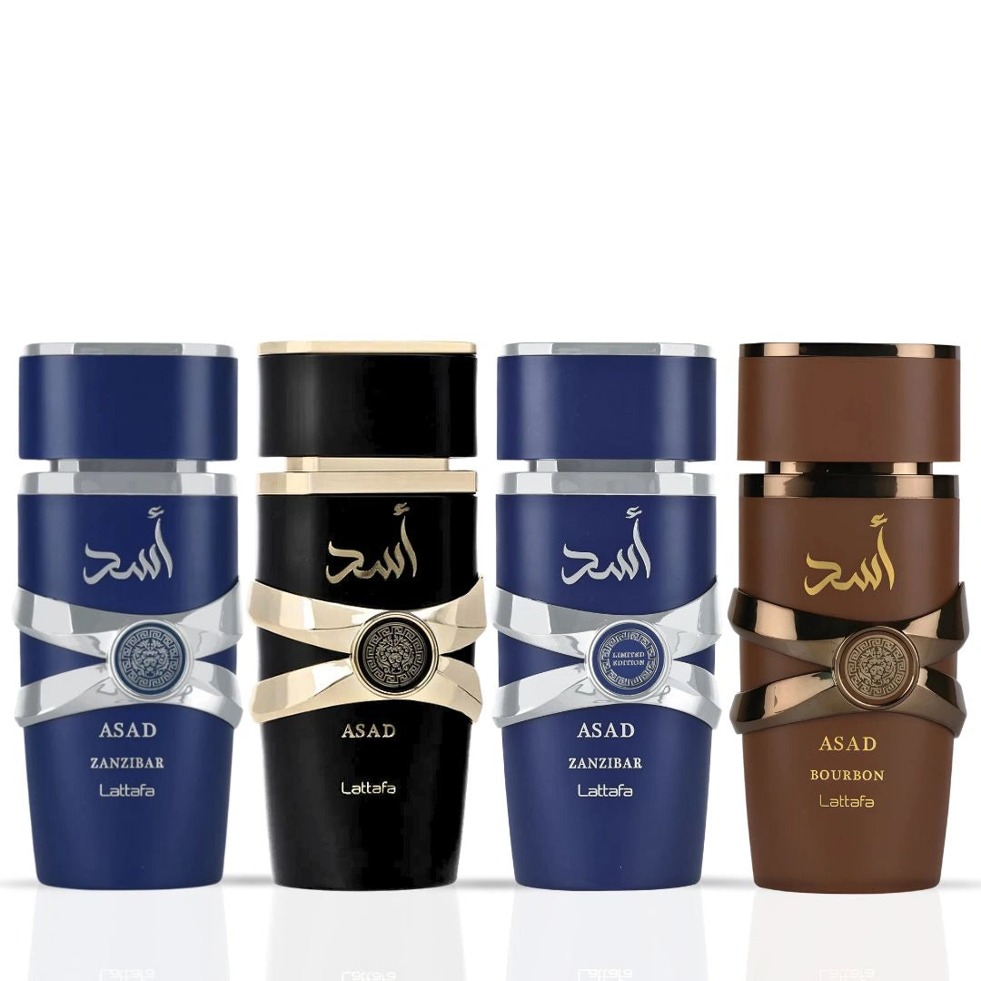 Asad, Asad Zanzibar, Asad Zanzibar Limited Edition & Asad Bourbon Eau de Parfum Sprays 100ml by Lattafa | Strength, Sophistication & Exotic Allure (Bundle) - Intense Oud