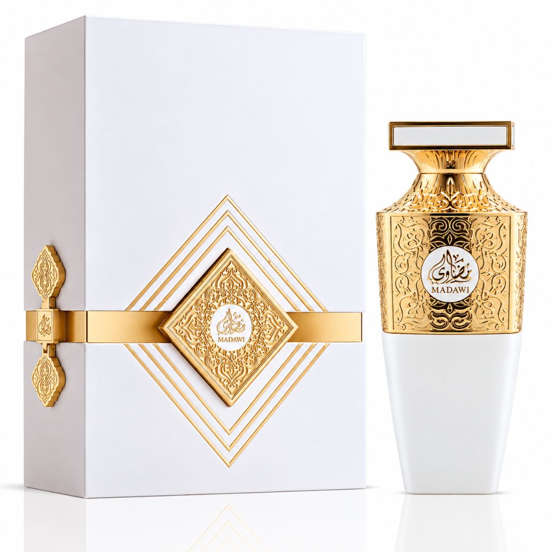 Madawi White Eau de Parfum spray by Arabian Oud, 100ml bottle with elegant white packaging, showcasing the luxurious fragrance.