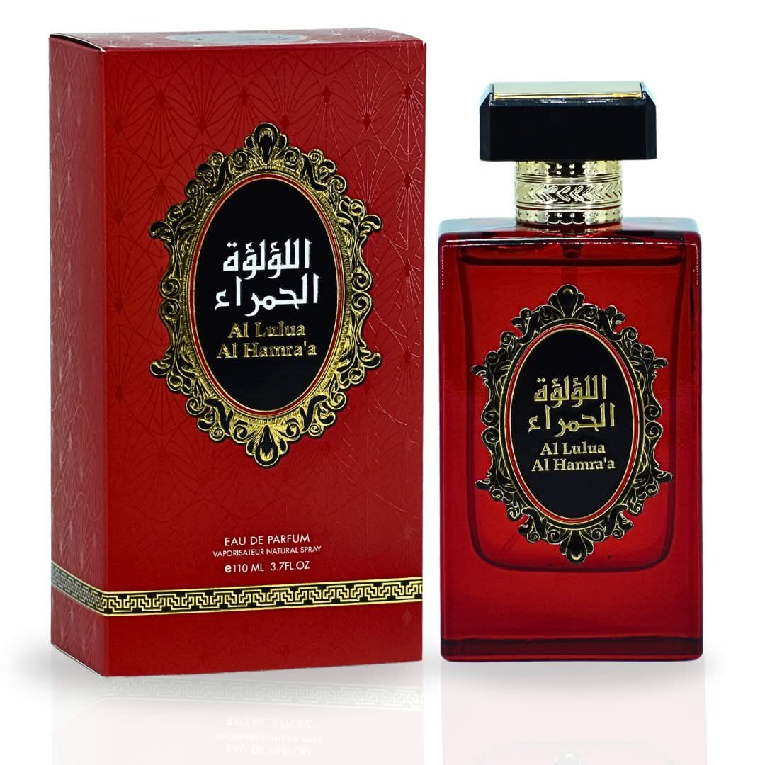 RISALA Al Lulua Al Hamra EDP Spray 110ML with luxurious musky floral scent, showcasing the elegant perfume bottle.