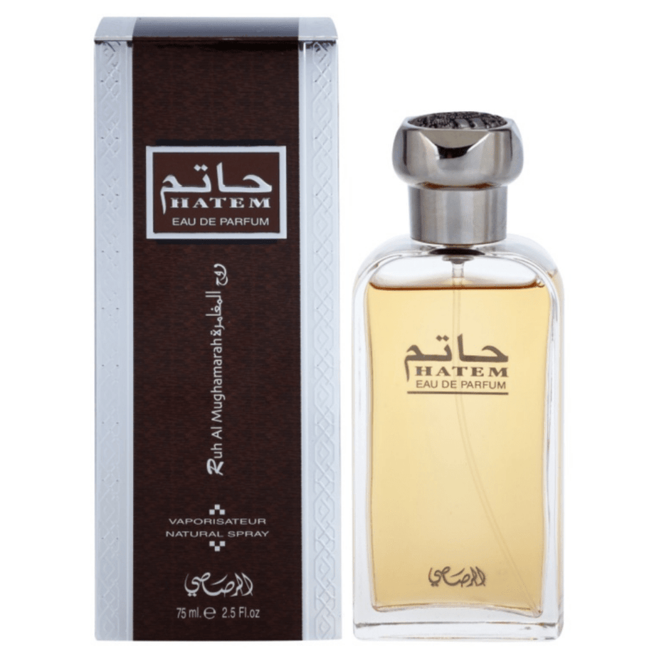 Rasasi Hatem Ruh Al Mughamarah men's Eau De Parfum bottle, 75ml, with elegant packaging and fragrance details visible.