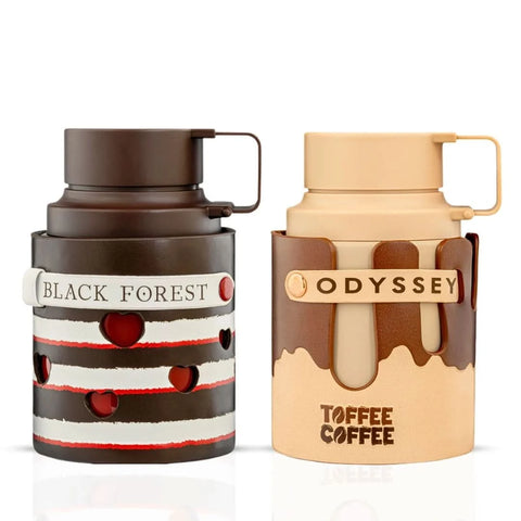 Armaf Odyssey Toffee Coffee and Black Forest Eau de Parfum bundle with two 100ml spray bottles, featuring elegant black and gold packaging.