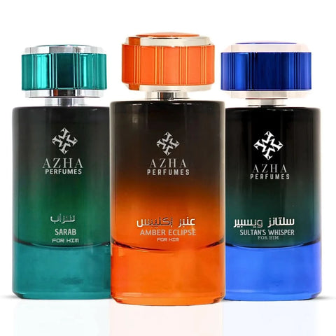 AZHA Sultan's Whisper, Amber Eclipse, and Sarab Eau De Parfum sprays in 100ml collection, featuring luxurious fragrance bottles.