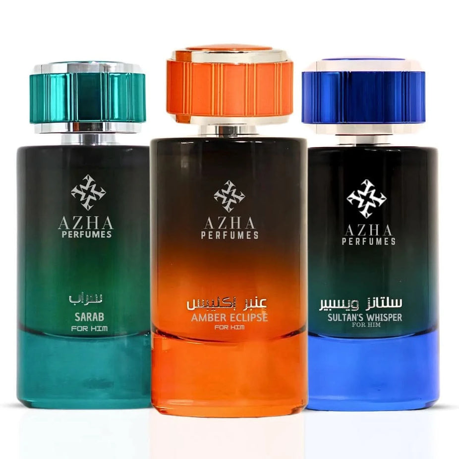 AZHA Sultan's Whisper, Amber Eclipse, and Sarab Eau De Parfum sprays in 100ml collection, featuring luxurious fragrance bottles.
