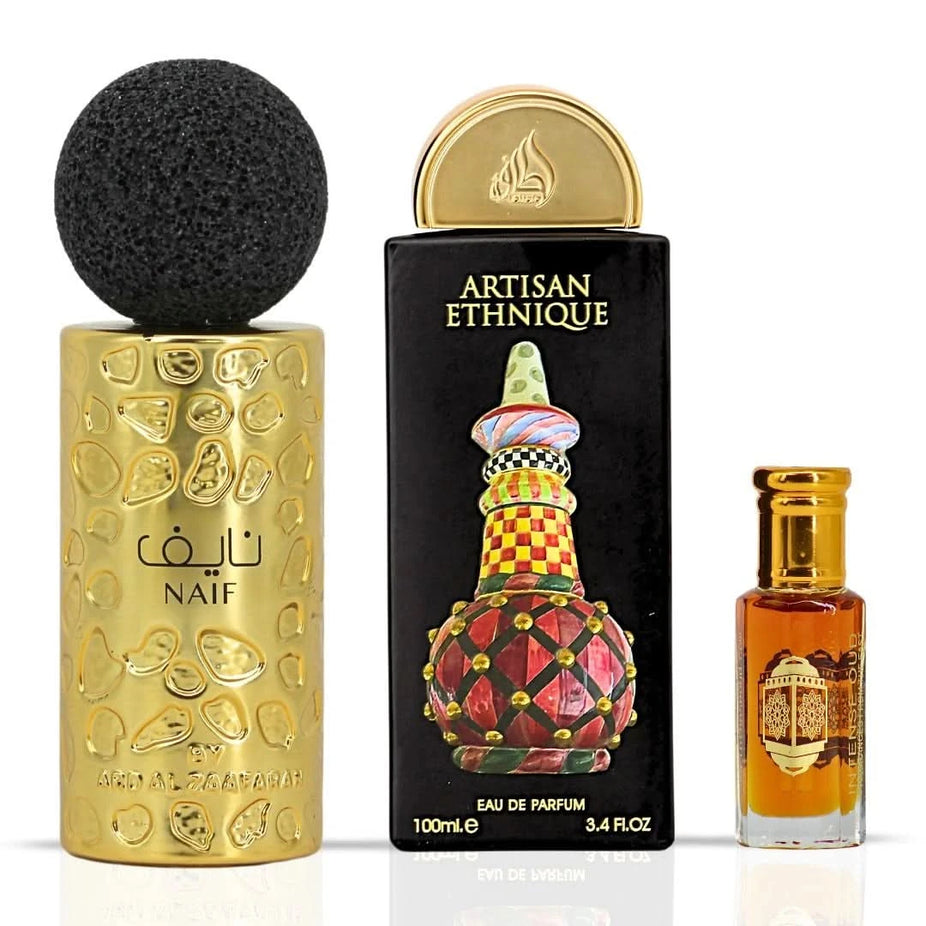 Lattafa Naif and Artisian Ethnique Eau de Parfums with Nouf Perfume Oil in a Rocco’s Date Night bundle, featuring elegant bottles.