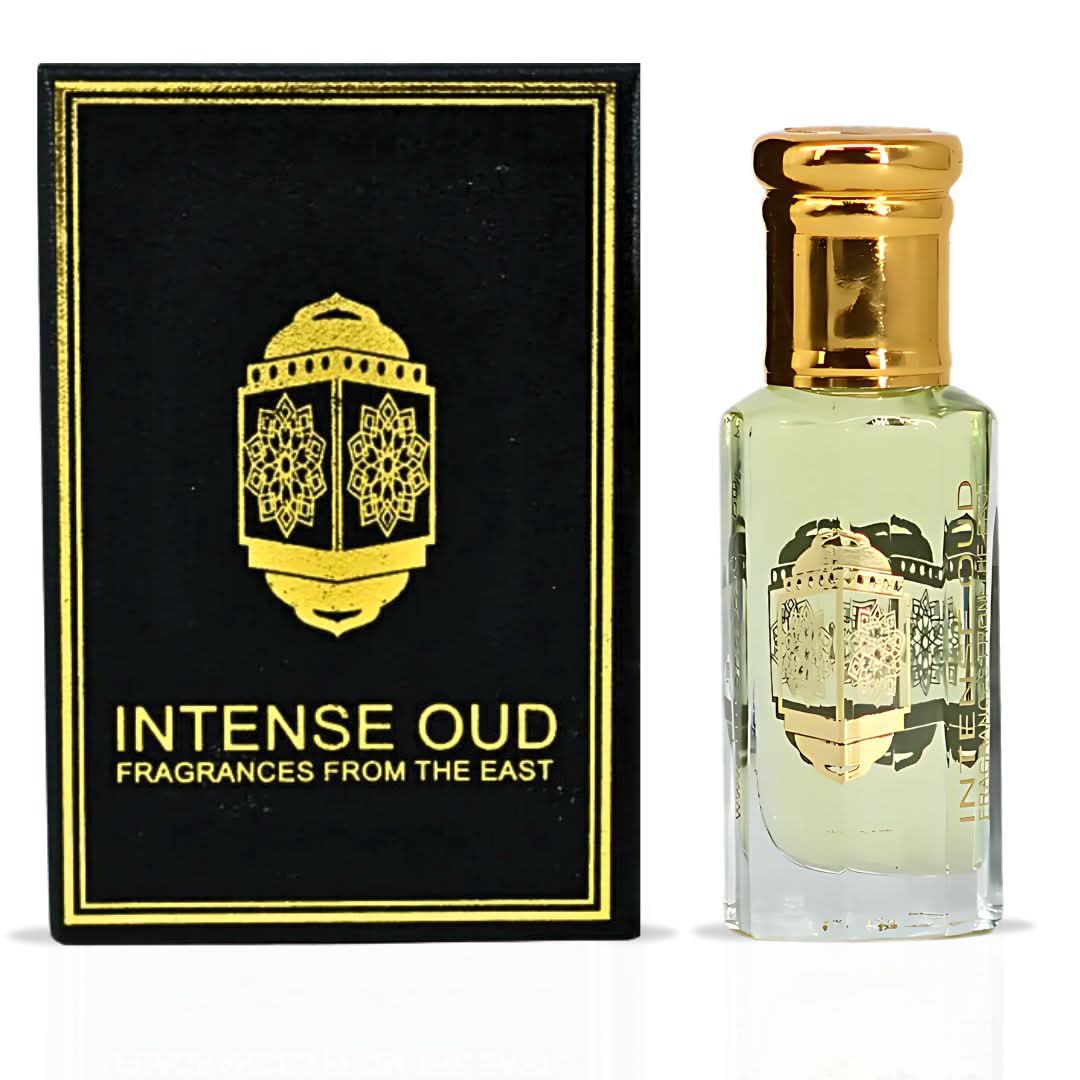 Intense Oud Musk Al Bakhoor perfume oil in 12ml glass bottle with black gift box, loose oil scent, luxurious and aromatic packaging.