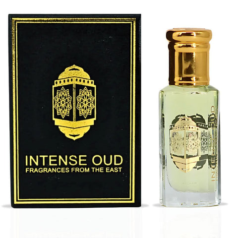 Intense Oud Musk Al Bakhoor perfume oil in 12ml glass bottle with black gift box, loose oil scent, luxurious and aromatic packaging.