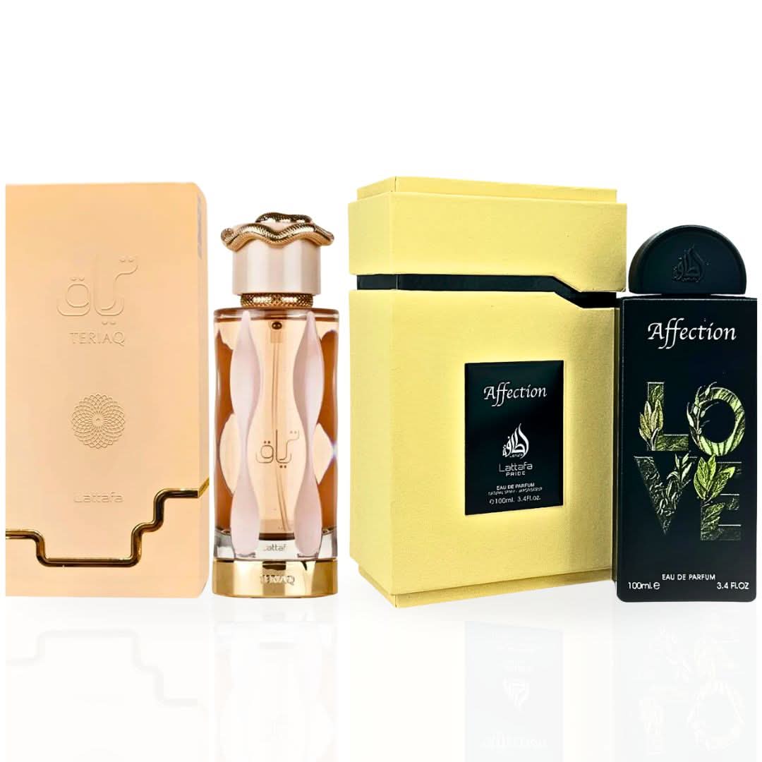 Lattafa Teriaq & Affection Eau de Parfum bundle featuring two 100ml spray bottles with elegant packaging.