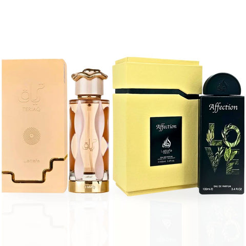 Lattafa Teriaq & Affection Eau de Parfum bundle featuring two 100ml spray bottles with elegant packaging.