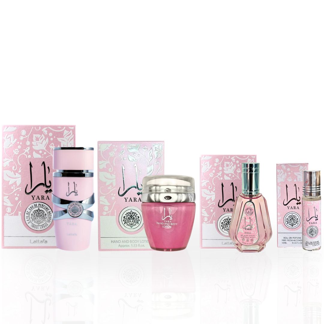 YARA Eau De Parfum Spray 100ML,EDP 50ML, Hand & Body Lotion 45ML & Roll-on Perfume Oil 10ML  - For Women by Lattafa. (CHIC COLLECTION) - Intense Oud