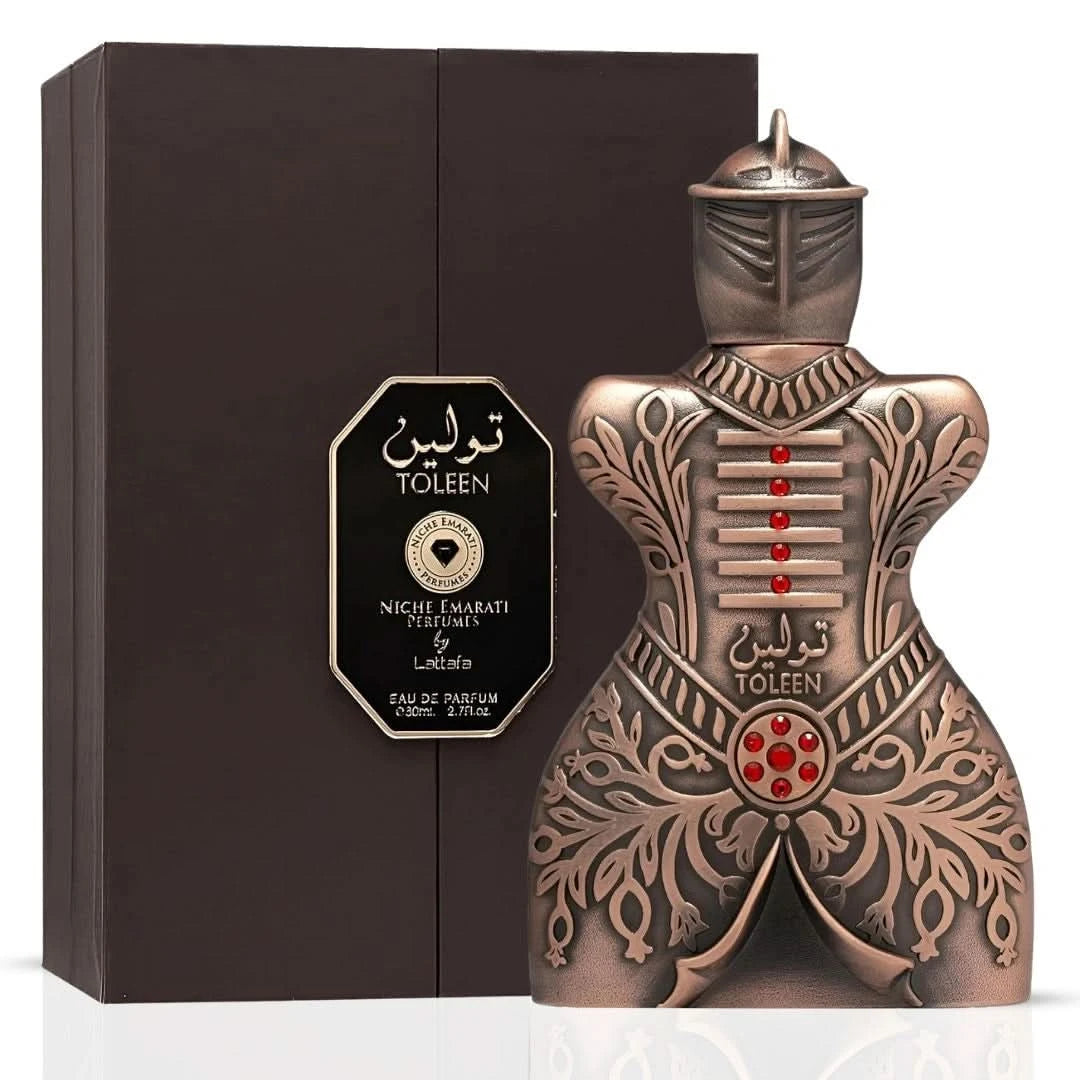 Lattafa Niche Emarati Toleen Eau de Parfum spray 80ml, elegant bottle, showcasing the luxurious fragrance.