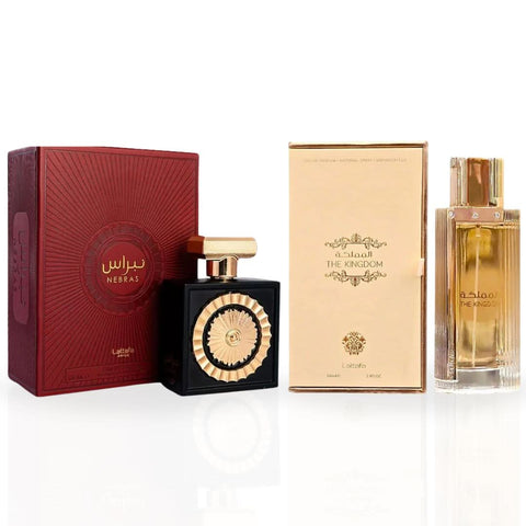 Lattafa Nebras & The Kingdom women’s Eau de Parfum spray bundle, 100ml bottles with elegant fragrance bottles.