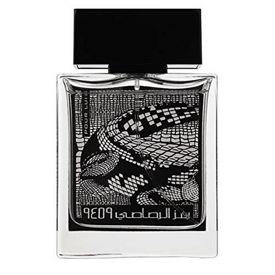 Rasasi Rumz Al Rasasi 9459 Alligator Pour Lui Men EDP 50ML bottle with sleek black and gold packaging.