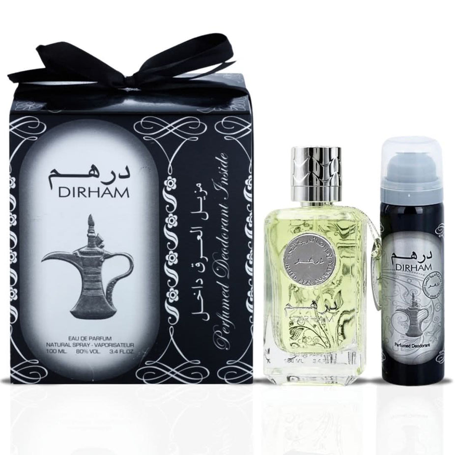 Ard Al Zaafaran Dirham Eau de Parfum spray 100ml and deodorant 50ml bottles, featuring elegant packaging and branding.