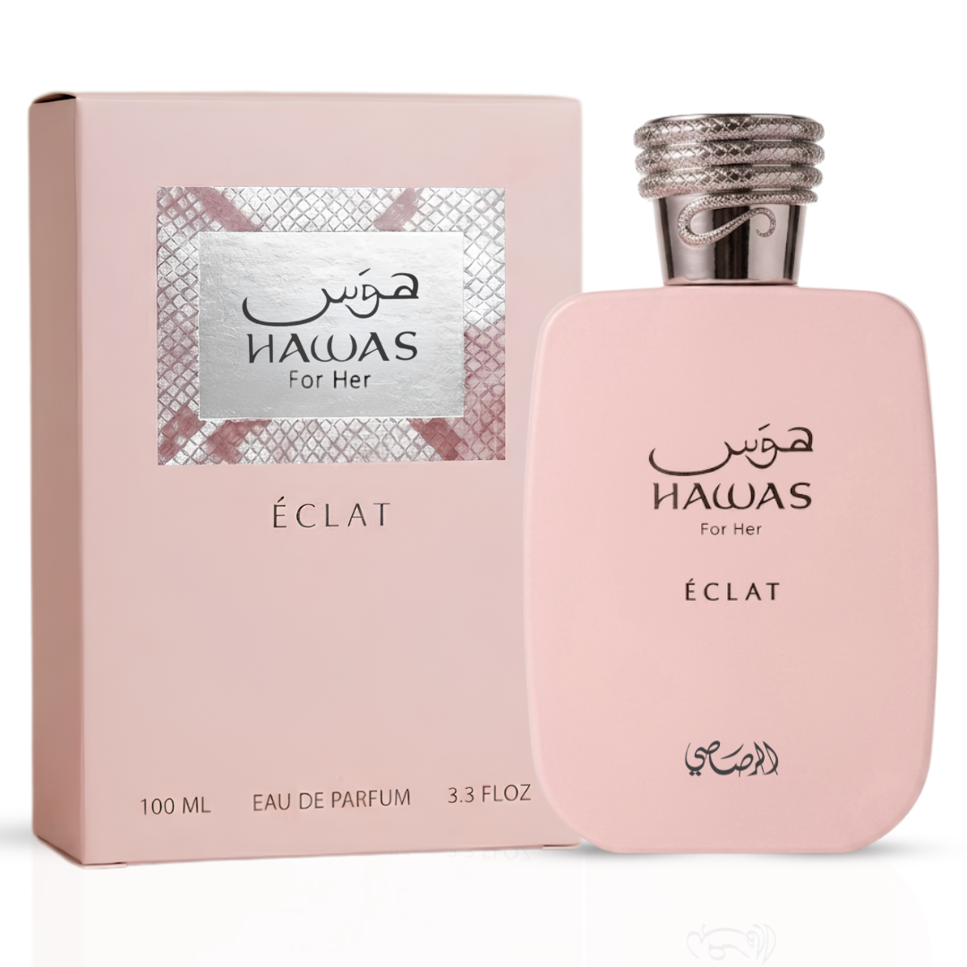 Rasasi Hawas For Her Eclat Eau de Parfum spray bottle, 100ml, with elegant packaging and floral accents.