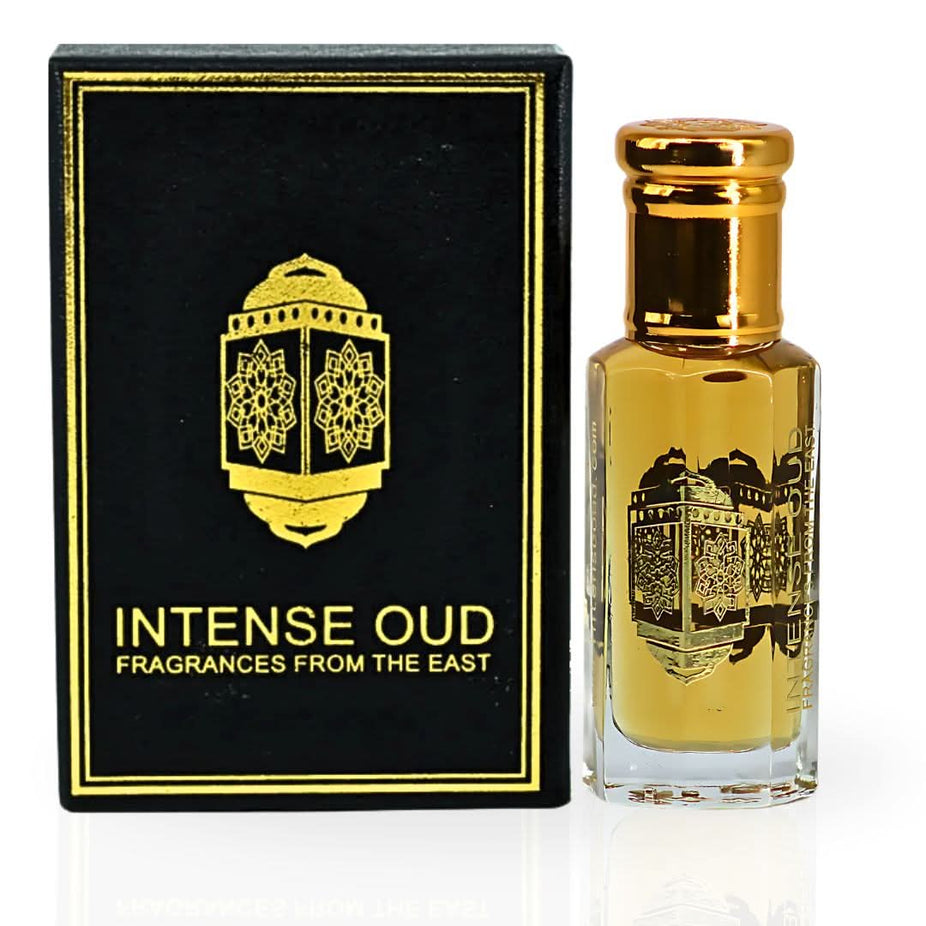 Intense Oud Attar Full Men Perfume Oil 12ml in a black gift box, featuring a glass bottle with a dropper for loose perfume oil.