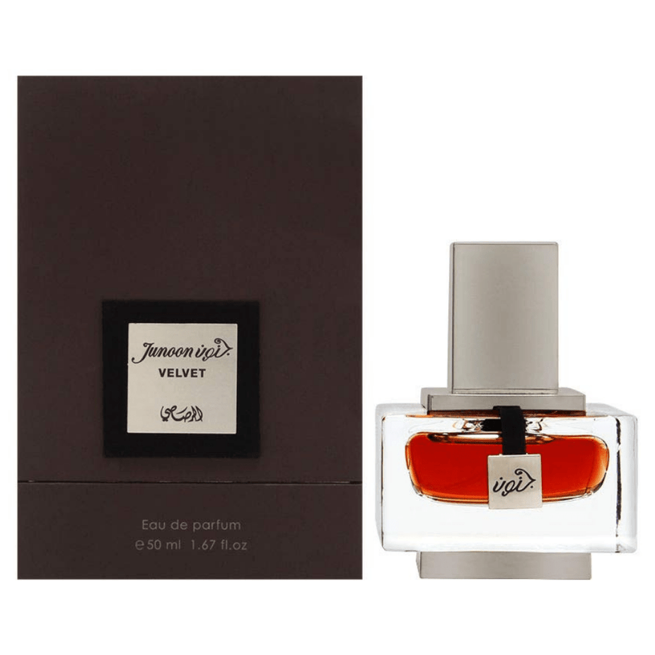 Rasasi Junoon Velvet Men EDP 50ml fragrance bottle with elegant design, showcasing the perfume’s luxurious packaging.