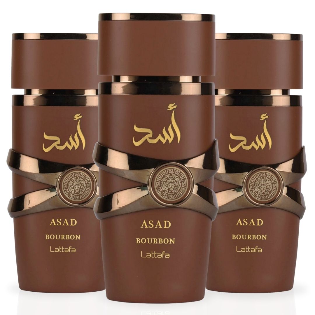 Asad Bourbon Eau De Parfum Spray 100ML (3.4 OZ) By Lattafa | A Rich & Inviting Scent That Blends Spicy, Sweet & Warm Notes For A Sensual Finish. (PACK OF 3) - Intense Oud