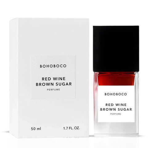 Bohoboco Red Wine Brown Sugar Eau de Parfum spray bottle, 50ml, with elegant packaging and dark red liquid inside.