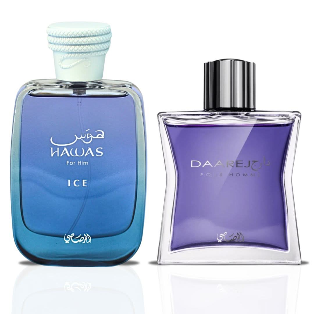 Rasasi Hawas Ice and Daarej for Men Eau de Parfum sprays in 100ml bundle, featuring sleek bottles and branding.