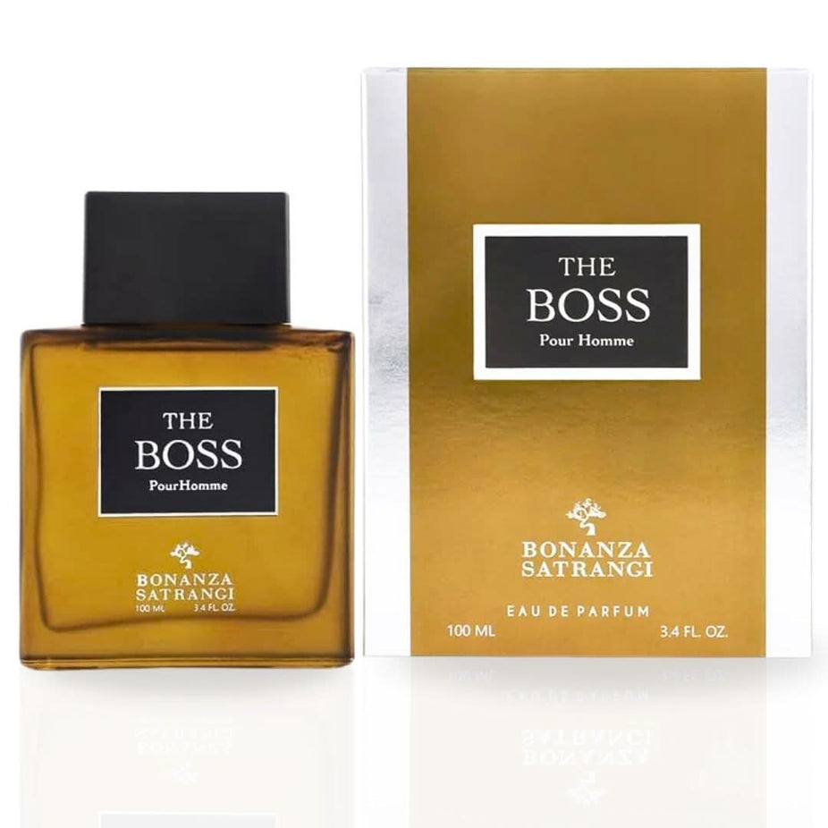 Bonanza Satrangi Boss Pour Homme EDP spray 100ML, floral woody fragrance bottle with a sleek design.