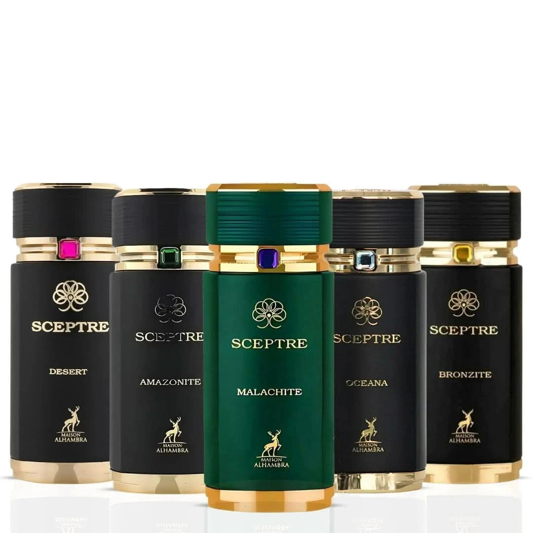 Maison Alhambra Sceptre Collection perfume bundle featuring Sceptre Malachite, Amazonite, Oceana, Bronzite, and Desert Eau de Parfum 100ml bottles.