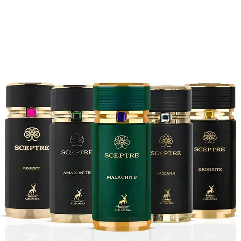 Maison Alhambra Sceptre Collection perfume bundle featuring Sceptre Malachite, Amazonite, Oceana, Bronzite, and Desert Eau de Parfum 100ml bottles.