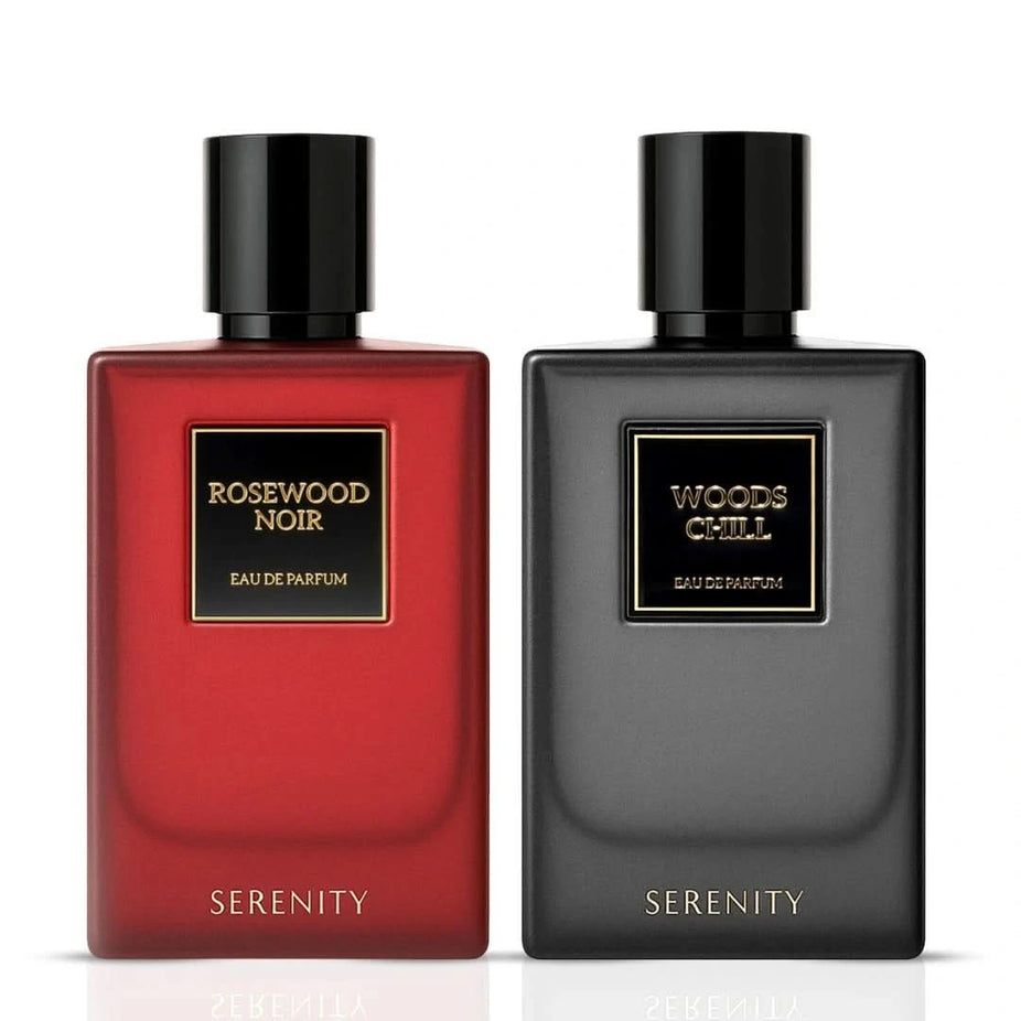 Serenity Rosewood Noir & Woods Chill Eau de Parfum bundle with two 50ml spray bottles, featuring elegant packaging and dark floral and woody scents.