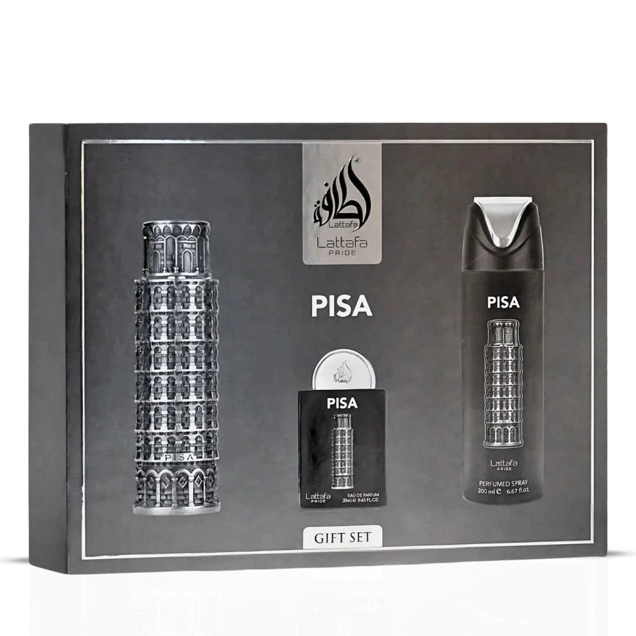 Pisa 3-piece perfume gift set by Lattafa Pride featuring three elegant bottles with decorative packaging and matching caps.
