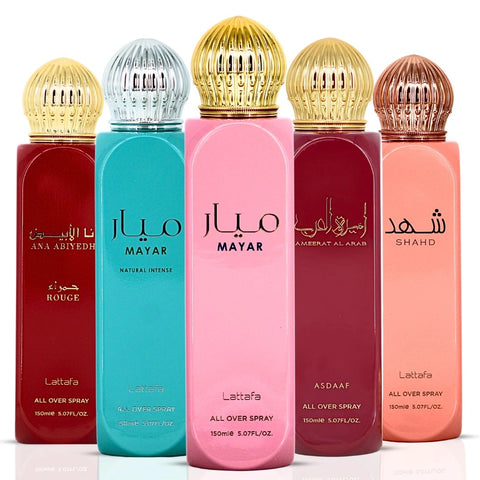 Mayar, Ameerat Al Arab, Mayar Natural Intense, Ana Abiyedh Rouge & Shahd All-Over Sprays 150ml  (5.07 oz) by Lattafa | Five Iconic Scents, Endless Refresh (Bundle) - Intense Oud