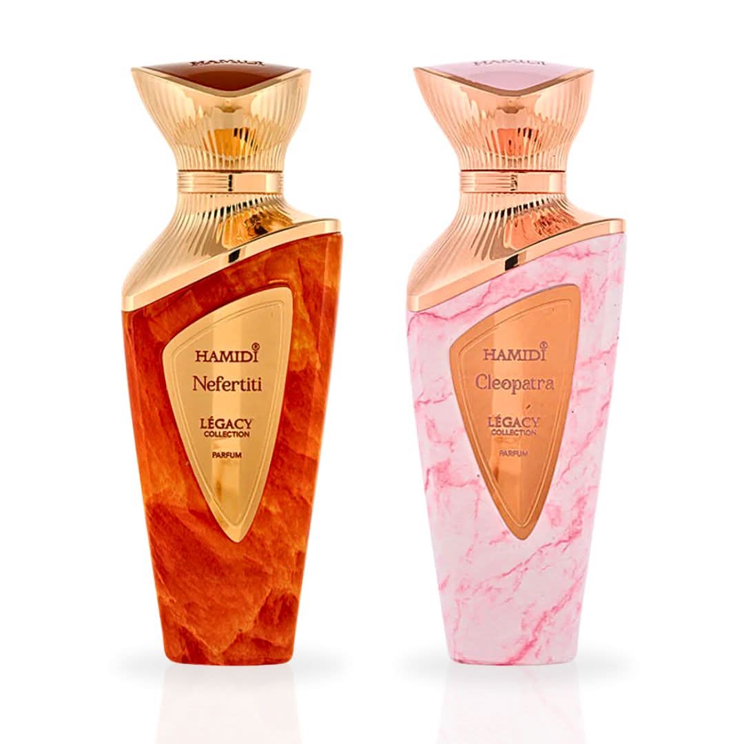 Hamidi Legacy Nefertiti and Cleopatra Eau de Parfum spray bundle, 100ml, featuring elegant bottles with ornate designs.