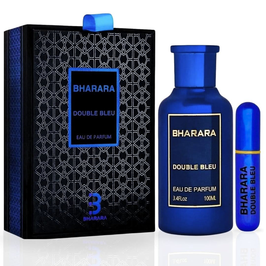 Bharara Double Bleu Eau de Parfum spray 100ml bottle with elegant blue and silver packaging, showcasing the BHARARA fragrance.