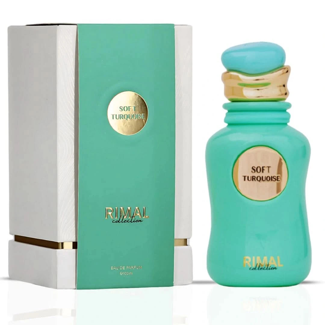 Soft turquoise Rimal Collection Eau de Parfum spray bottle, 100ml, with elegant packaging and floral accents.