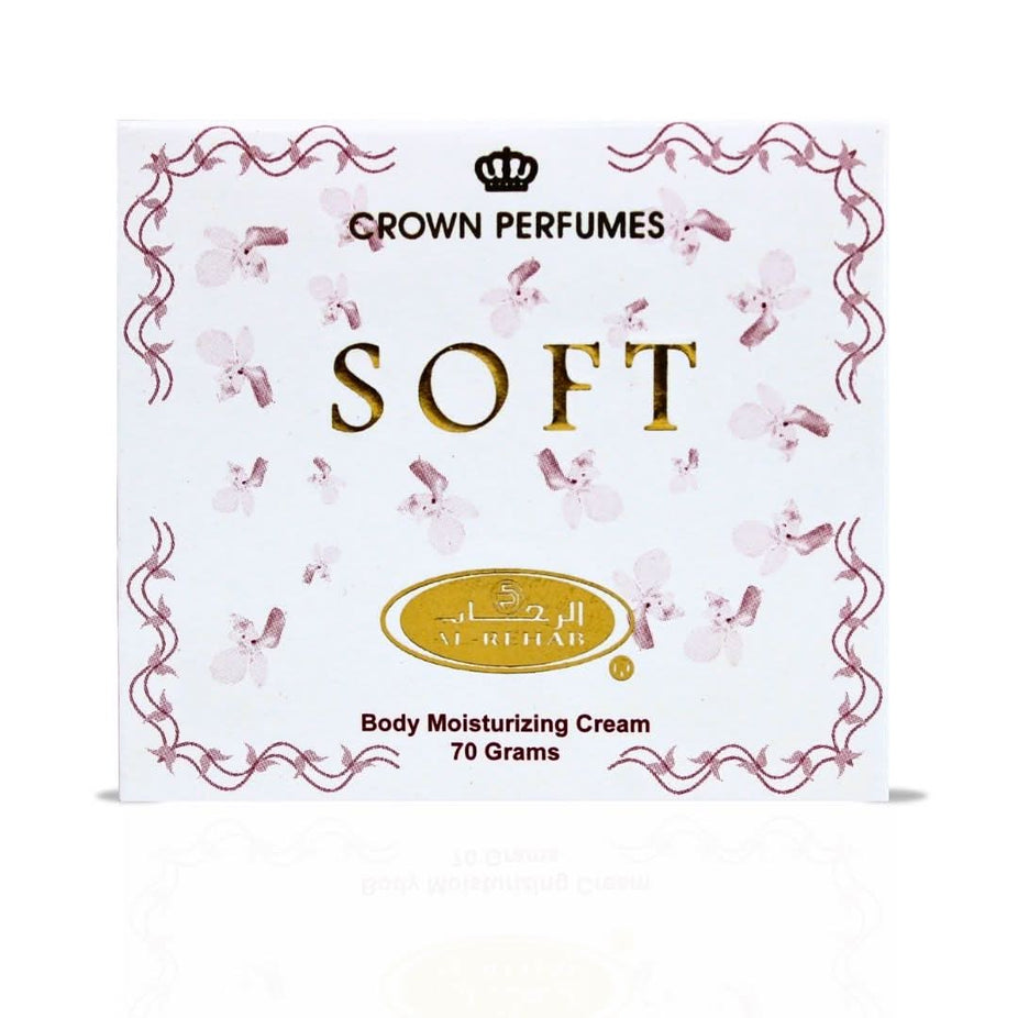 Soft moisturizing body cream in 70g jar by Al Rehab, smooth texture and hydrating formula for soft skin.